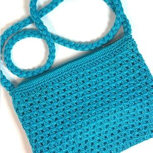 Lina Crocheted Crossbody Handbag Purse Turquoise Blue Bohemian Boho Woven Summer